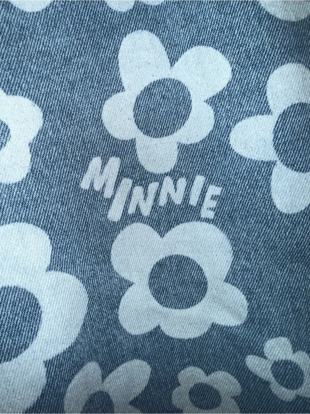 Disney Light Blue Jean Jacket with White Floral Print and Minnie Patch